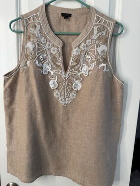 Talbots Beige Linen Sleeveless Bead Embroidered V-Neck Top